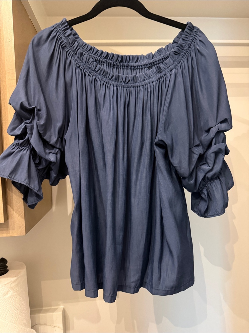 Mersey Women's Off-Shoulder Silky  Navy Blue Peasant Top